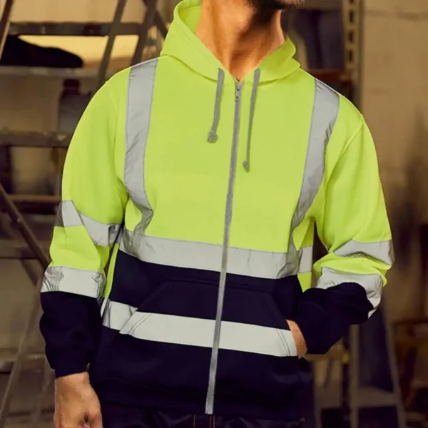 Reflective Strip Men Hoodie Coat Safe Warning Drawstring Zipper Long Sleeve Sanitation Overalls Outdoor Work Safety Jacket - Image 5