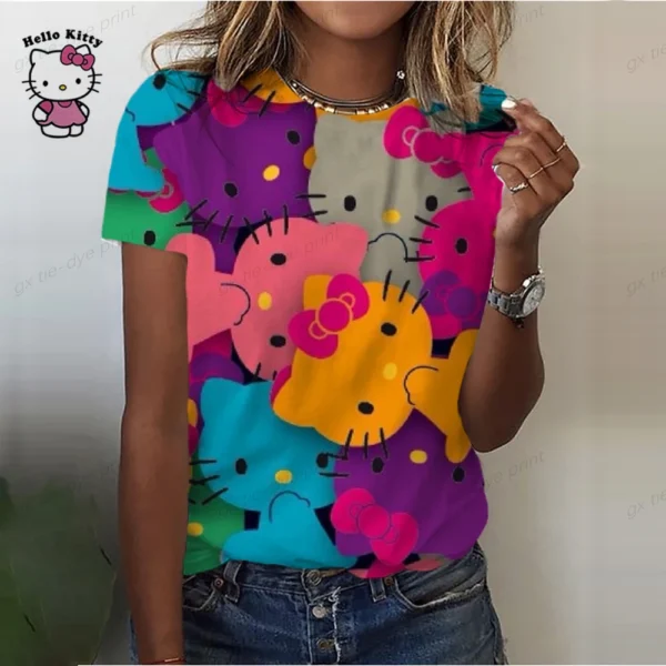 2023 Summer Cute Ladies T-Shirt 3D Printing Sexy Hello Kitty Cartoon T-Shirt Ladies Top Funny Clothing Round Neck Short Sleeve - Image 3