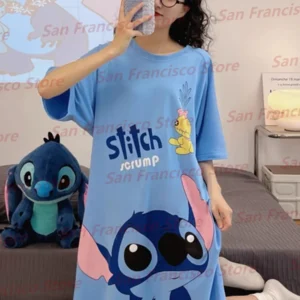 Summer Girl Disney Stitch Pattern Different Styles Cartoon Casual Short Sleeve Dress Nightdress KID/Adult Parent-Child Homewear