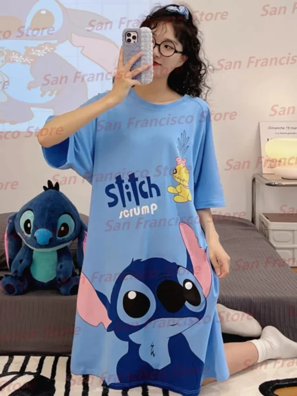 Summer Girl Disney Stitch Pattern Different Styles Cartoon Casual Short Sleeve Dress Nightdress KID/Adult Parent-Child Homewear