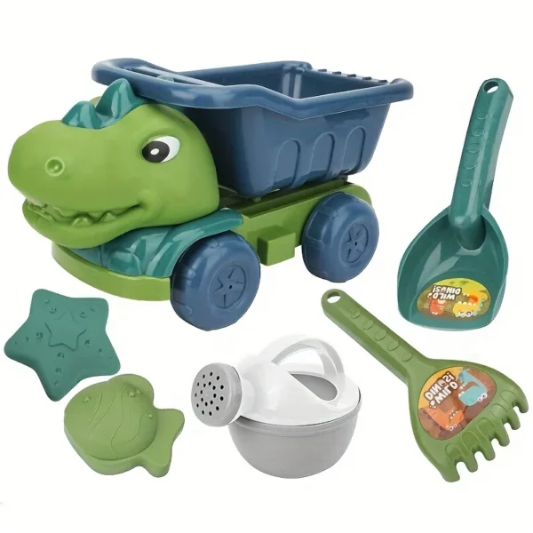 Dinosaur Beach Toys Set 6PCS with Wheelbarrow -Durable Sand Play KitIndoor/Outdoor Sandbox Games Head Storage&Vibrant Colors - Image 2