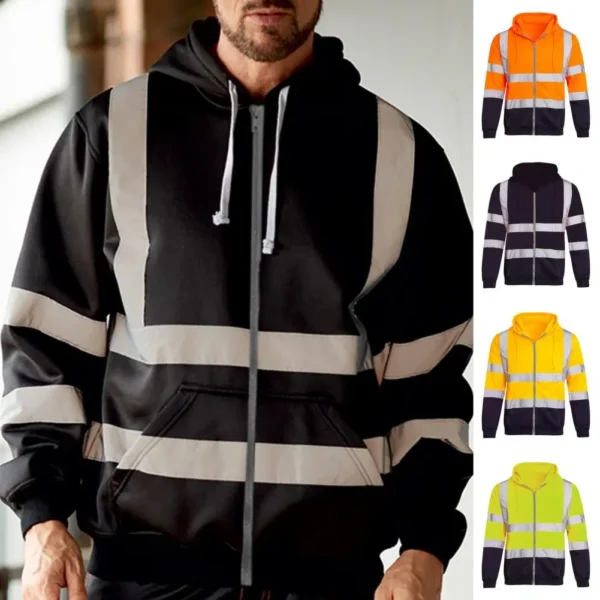 Reflective Strip Men Hoodie Coat Safe Warning Drawstring Zipper Long Sleeve Sanitation Overalls Outdoor Work Safety Jacket - Image 4