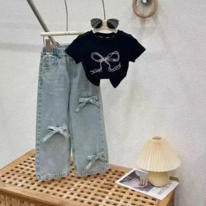 MILANCEL New Summer Kids Clothes Set Girls Bow Color Blocked Top +Solid Color Straight Leg Jeans Children Outfit 2PCS