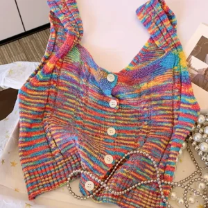 2025 New Tie Dye Button Front Knitted Top Vacation Sleeveless Tank Top For Spring & Summer Women's Clothing Crop Top