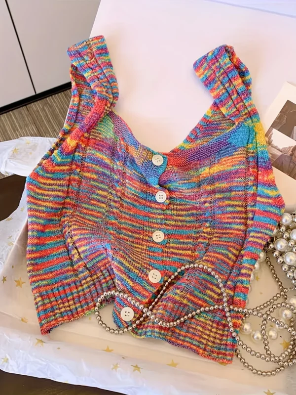 2025 New Tie Dye Button Front Knitted Top Vacation Sleeveless Tank Top For Spring & Summer Women's Clothing Crop Top