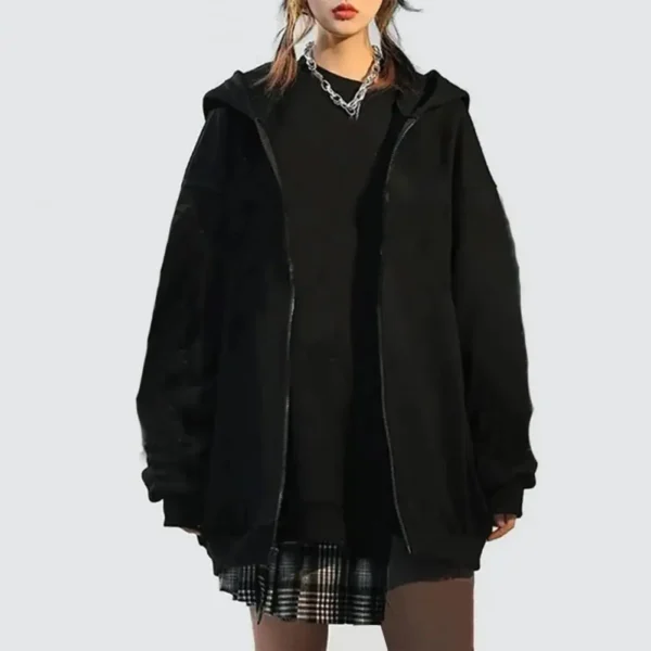 Women Jacket Coat Hooded Drawstring Long Sleeve Zipper Placket Zip-up Unisex Jacket Casual Solid Color Pockets Sweatshirt - Image 2