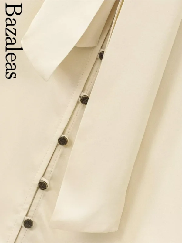 Bazaleas Traf Bandage Tie Blouse – Beige Women's Silk-Like Shirt, Elegant & Official Style - Image 4