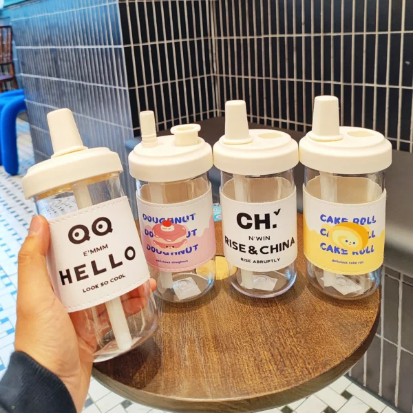 Cute Water Bottle For Coffee Juice Milk Kawaii Plastic Bubble Tea Cup With Lid Straw Portable Reusable Drinking Bottle BPA Free - Image 3