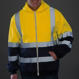 Reflective Strip Men Hoodie Coat Safe Warning Drawstring Zipper Long Sleeve Sanitation Overalls Outdoor Work Safety Jacket