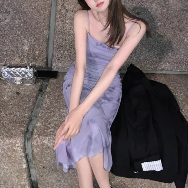 Women's French-style Purple Floral Spaghetti Strap Dress 2025 Spring Summer Beach Vacation Short / Long Female Dress Slim Fit - Image 6