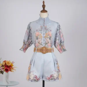 Australian Design Sense Printed High-End Cotton Linen Shirt with Bubble Sleeves Shorts And Belt Women's Fashion Spring Summer
