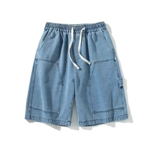American Retro Light Blue Lumber Cargo Denim Shorts Men Draw Rope Loose Casual High Street Summer Men's Short Pants