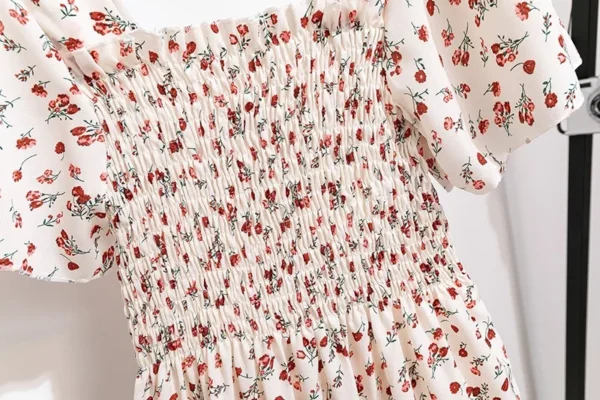Spring Summer Chiffon Dress Women Midi DressesFemale Short Sleeve Elastic Waist Printed Floral Pleated Backless Casual Dress - Image 6