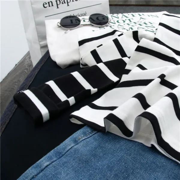 1PC Spring and Autumn Winter Black Striped Top with Foreign Style Ins Bottom Shirt Women Long Sleeve T-shirt - Image 6