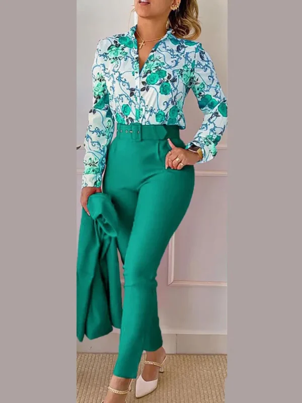 Women's Printed Long Sleeved Shirt Suit Spring Summer Slim High Waist Lace Up Elegant Female Office Pencil Pants Two Piece Set - Image 4