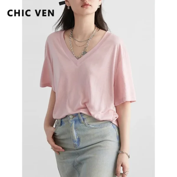 CHIC VEN Women T-Shirts Loose Casual Solid New Basic Simple Female Tees Short Sleeved Top for Girl Women's Clothing Summer 2024 - Image 2
