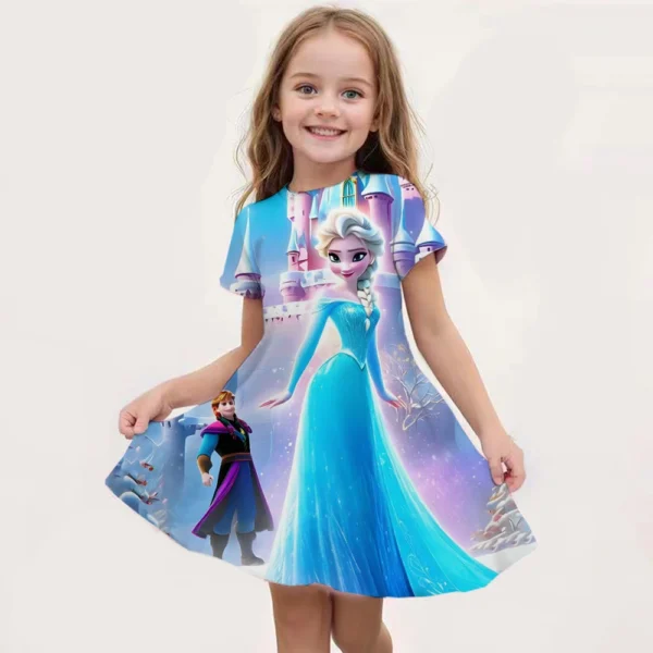 2024 MINISO New Summer Girls Queen Elsa Dress Fashion Cartoon Cute 3D Printing Dress Kid Short Sleeve Princess Frozen Clothing - Image 5
