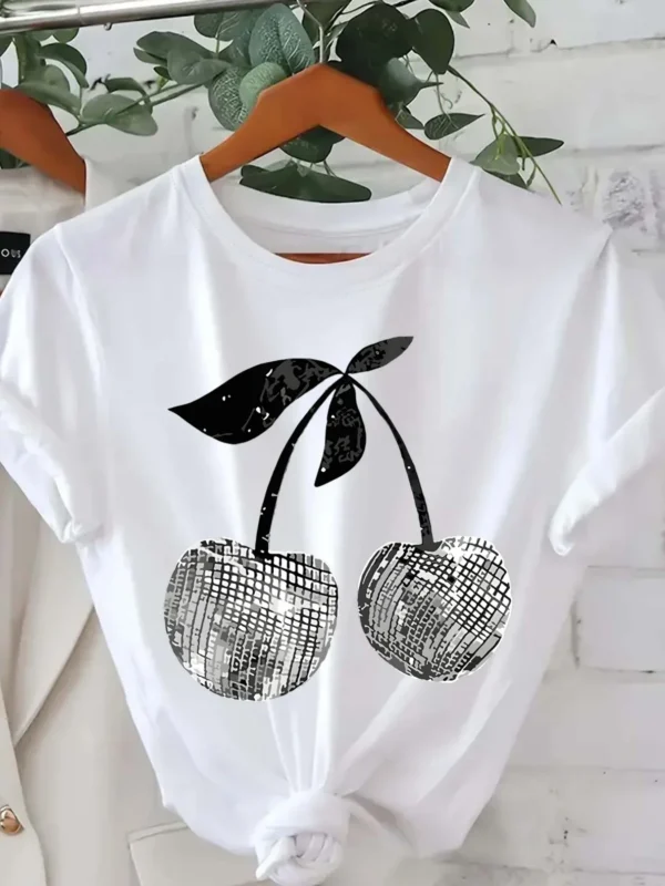 New Korea style Silver Cherry Graphic Print T-Shirt Short Sleeve Crew Neck Casual Top for Summer & Spring Women' S Clothing