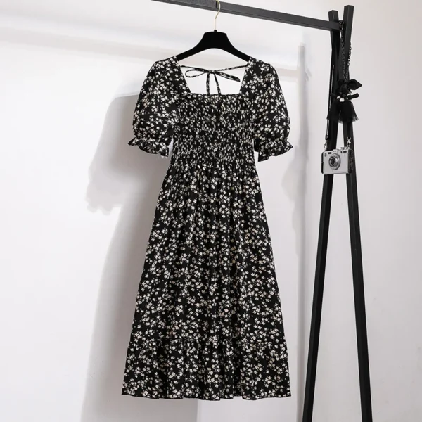 Summer Pleated Women Chiffon Dresses Casual Beach Holiday Short Sleeve Square Collar Woman Midi Dress Bohemian Mujer Vestidos - Image 5