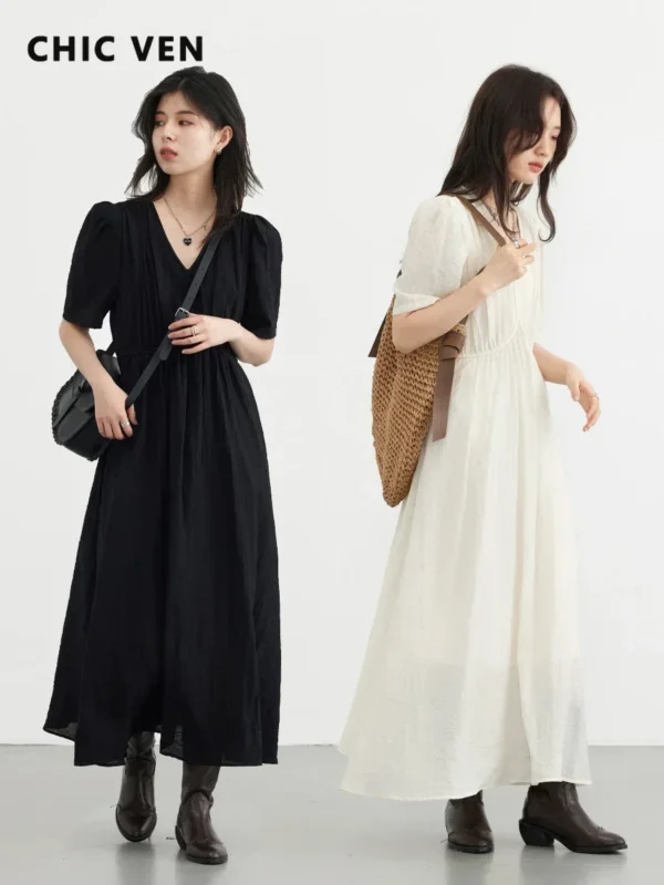 CHIC VEN Women Dresses French Style Vintage V-neck Puff Sleeve Long Dress Solid Black Loose Female Clothing Summer New 2023 - Image 2