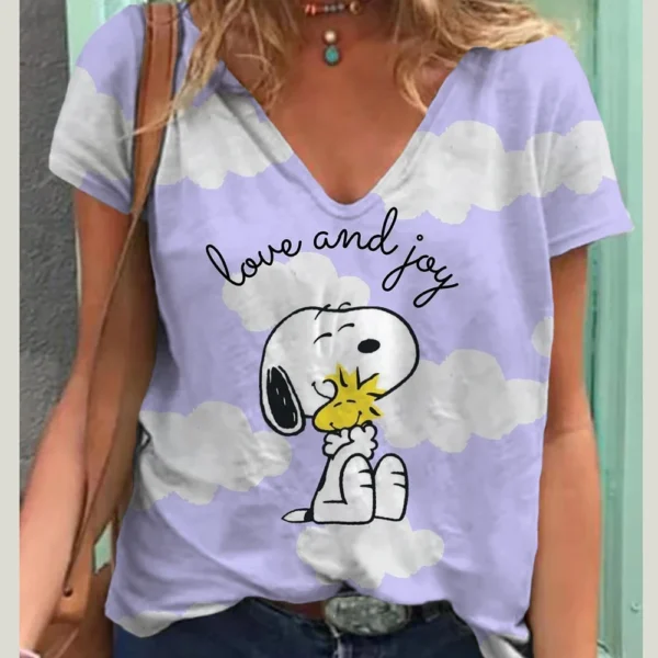 Fashion Snoopy Print Casual V-neck Top Tee Shirt Women Black White T-shirtWomen T Shirt Harajuku Short Sleeves T shirts - Image 3