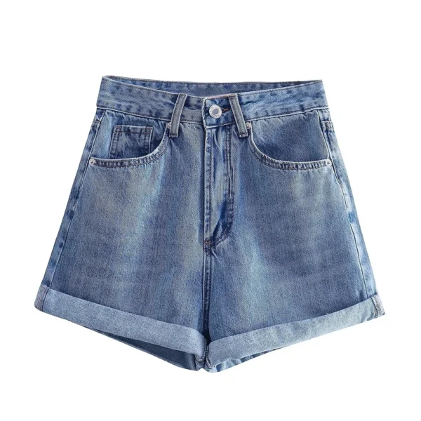 PB&ZA 2025 Women's Light Blue High - Waisted Denim Shorts with Rolled - Cuffs and Pockets for a Casual and Stylish Look - Image 3