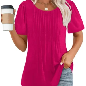 Summer Short Sleeve T Shirts For Women Elegant Casual Pleated Round Neck Tunic Shirts For Women Solid Color Casual Blouses