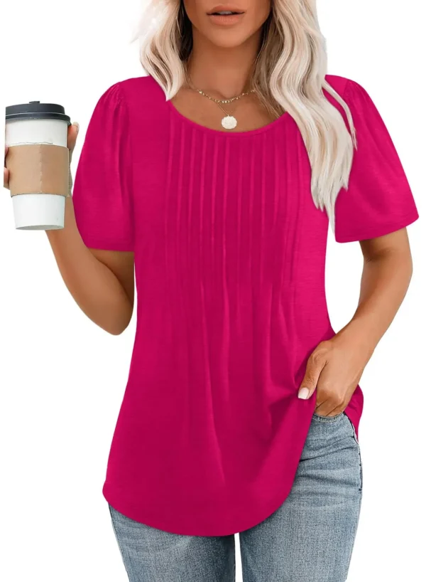 Summer Short Sleeve T Shirts For Women Elegant Casual Pleated Round Neck Tunic Shirts For Women Solid Color Casual Blouses