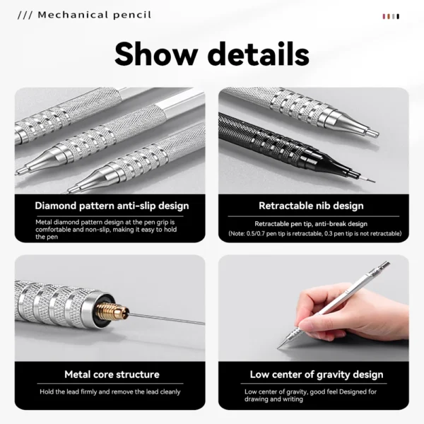 Mechanical Pencil 0.3 0.5 0.7 mm Full Metal Low Center of Gravity Art Drawing Painting Automatic Pencil Office School Art Supply - Image 5