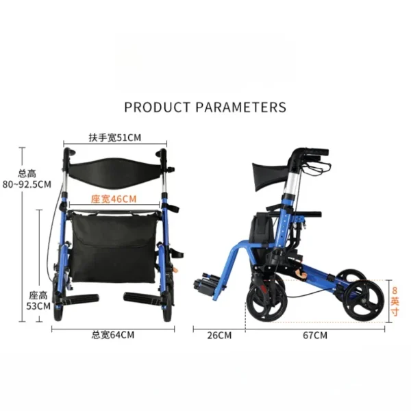 Elderly Rehabilitation Walking Assist Rollator Walker Aluminum Alloy Folding Pulley Mobility Aid Scooter Four-wheel Shopping Car - Image 6