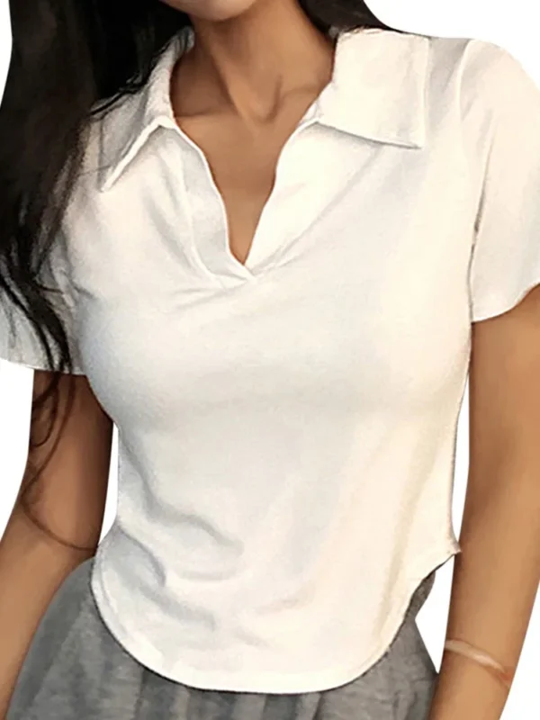 Summer Short Sleeve Lapel Top Women'S Solid V-Neck Pullovers Retro Sweet Shirts Hot Girl Crop Top Female Slim Versatile Tee - Image 5