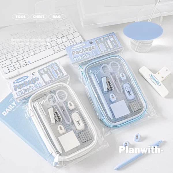 10pcs/bag Mini Student Stationary Set for Kids Simplicity Blue White Color Pen Ruler Stapler Scissors Knife Set School Supplies - Image 4