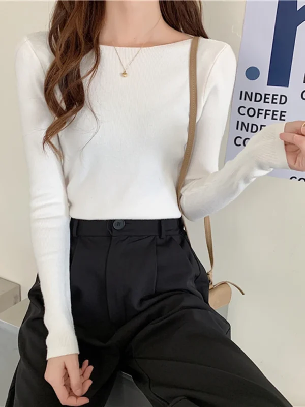 Autumn Winter Women Sweaters Slash Neck Slim Knitted Pullovers chic Basic Solid Jumper Female Sweater Casual Jersey Tops - Image 5