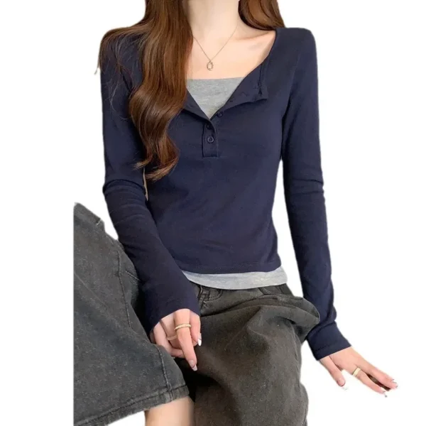 210 Gram Short Sleeve Long T-Shirt Women's Spring Autumn Thin round Neck Base Shirt Fake Two-Piece Upper Body Long Sleeve T-Shir - Image 2