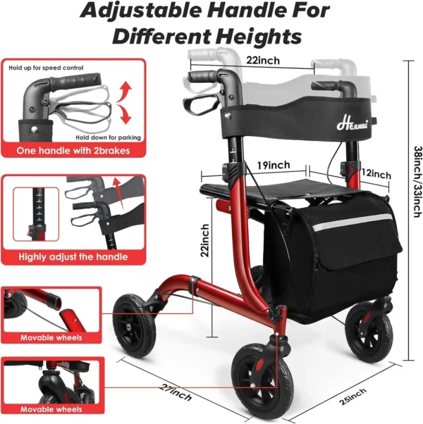 Henmnii Rollator Walker for Seniors, Lightweight Foldable All Terrain Rolling Walker with seat, Aluminum Walkers with 8 inch Rub - Image 2