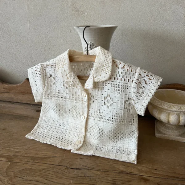 2025 Summer New Baby Girl Hollow Lace Shirts Infant Boys Short Sleeve Shirts Kids Lapel Tops Cotton Toddler Clothes - Image 2
