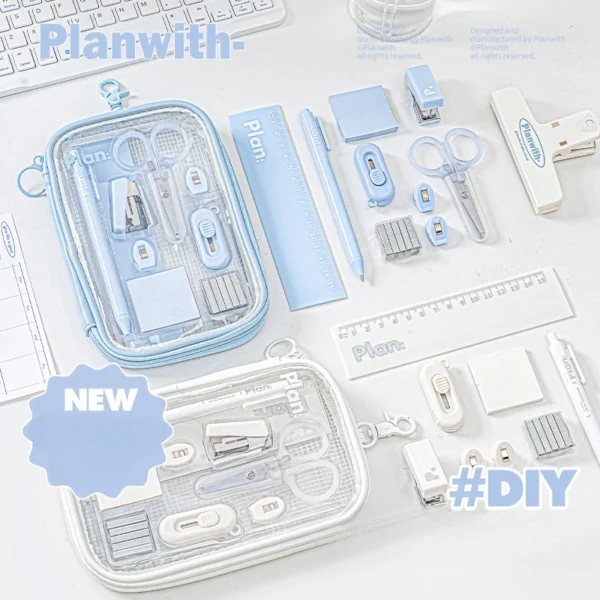 10pcs/bag Mini Student Stationary Set for Kids Simplicity Blue White Color Pen Ruler Stapler Scissors Knife Set School Supplies - Image 2