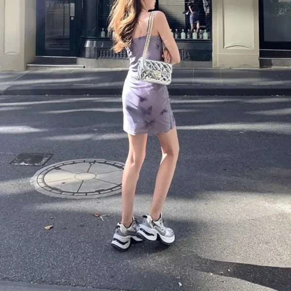Women's French-style Purple Floral Spaghetti Strap Dress 2025 Spring Summer Beach Vacation Short / Long Female Dress Slim Fit - Image 3