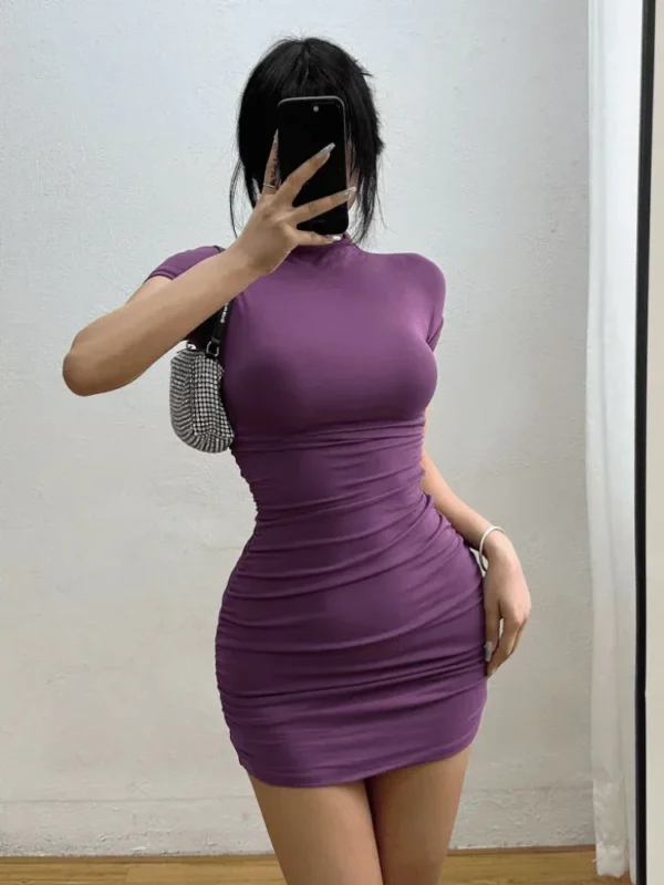 Sexy Tight Half High Collar Pleated Waist Mini Dress Spicy Girls Slim Dresses Bodycon Women Vestidos Cortos Party Mujer Clothing - Image 3