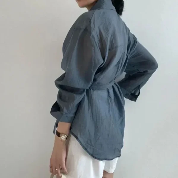 Fashion Loose Casual Shirts for Women Fashion Lace-up Belt Long Sleeve Blouse Women Irregular Vintage Sunscreen Shirt Tops 15674 - Image 3