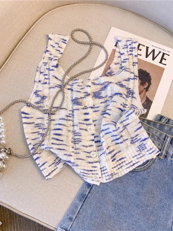 2025 New Tie Dye Button Front Knitted Top Vacation Sleeveless Tank Top For Spring & Summer Women's Clothing Crop Top - Image 3