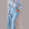 Women's Printed Long Sleeved Shirt Suit Spring Summer Slim High Waist Lace Up Elegant Female Office Pencil Pants Two Piece Set