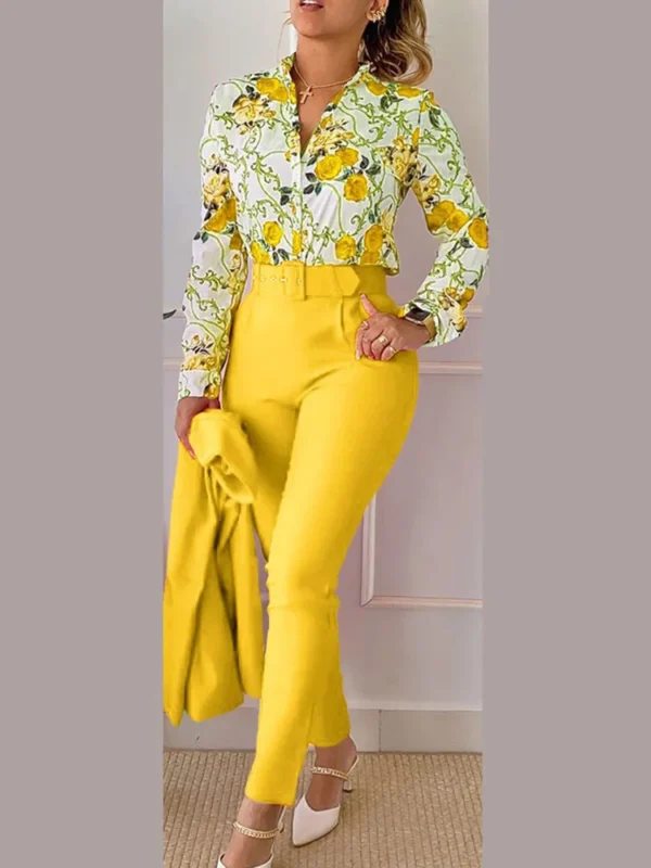Women's Printed Long Sleeved Shirt Suit Spring Summer Slim High Waist Lace Up Elegant Female Office Pencil Pants Two Piece Set - Image 5