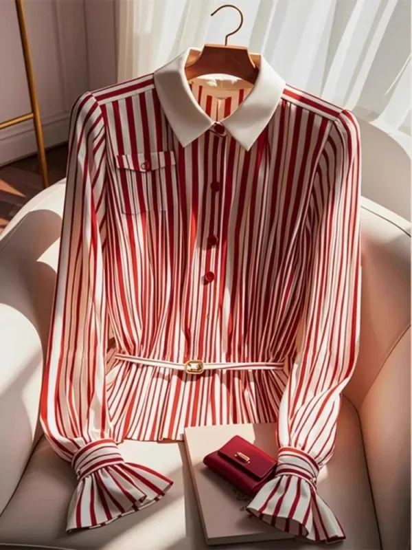 2025 Spring French High-end Red Stripe Blouse Polo Collar Brooch Top Autumn Women Small Fragrance Slim Belt Shirt Office Lady - Image 5