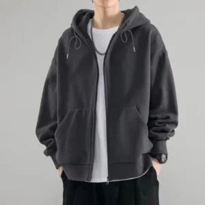 Women Jacket Coat Hooded Drawstring Long Sleeve Zipper Placket Zip-up Unisex Jacket Casual Solid Color Pockets Sweatshirt