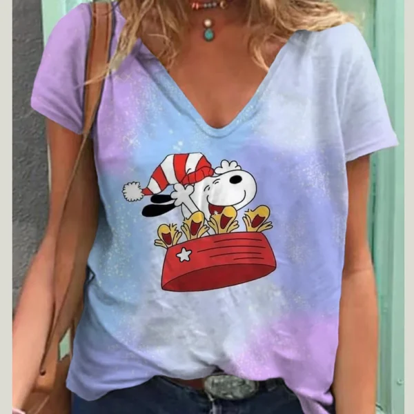 Fashion Snoopy Print Casual V-neck Top Tee Shirt Women Black White T-shirtWomen T Shirt Harajuku Short Sleeves T shirts - Image 6