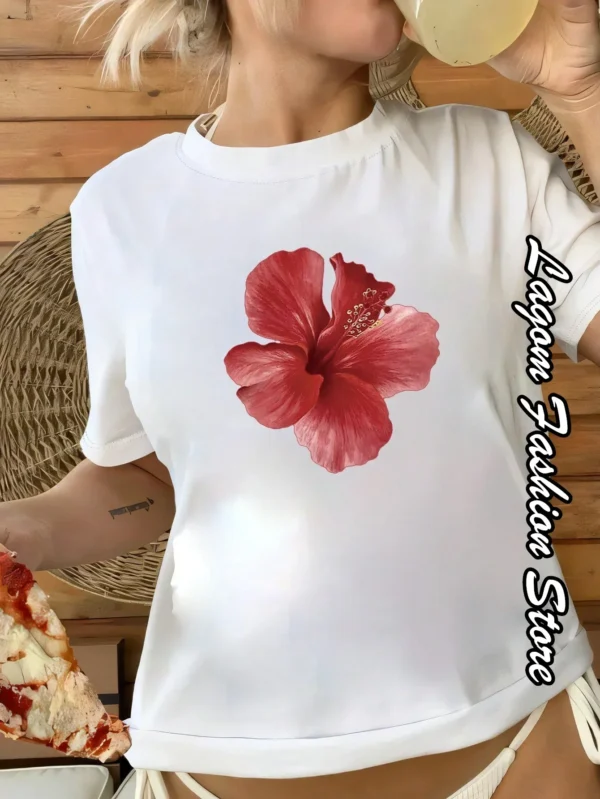 Cherry Print Women Fashion T-Shirt O-Neck Tops Tees Floral Graphic Short Sleeve Clothing Female Casual Streetwear - Image 5