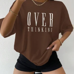 Over Thinking Letter Print Women Cotton Short Sleeve Breathable Vintage O-Neck Tops All-math Casual T-Shirts Female Tee Clothing