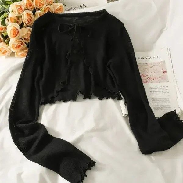 Women Frenum Cardigan Blouses and Tops Bow Lace Up Long Sleeve Crop Top Female Elegant Shirt Thin Aesthetic Clothes Korean Style - Image 4