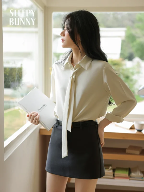 Women's French Style Long Sleeve Tie Blouse Spring Office Casual Elegant Loose Fit Button-Up Shirt for Work and Daily Wear - Image 3